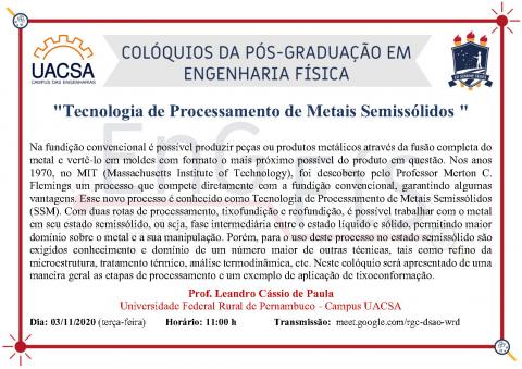 Colóquios da Pós-Graduação em Engenharia Física –03/11/2020 Colóquios da Pós-Graduação em Engenharia Física –03/11/2020